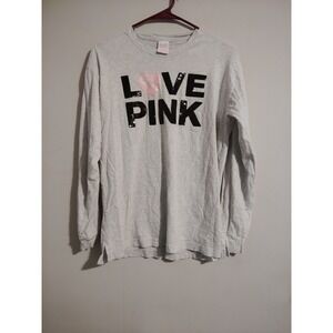 Victoria's Secret PINK Long Sleeve T-Shirt Gray Sequin Love Pink Size Small